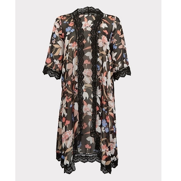 Torrid floral chiffon crochet kimono duster 3/4 - Picture 5 of 10